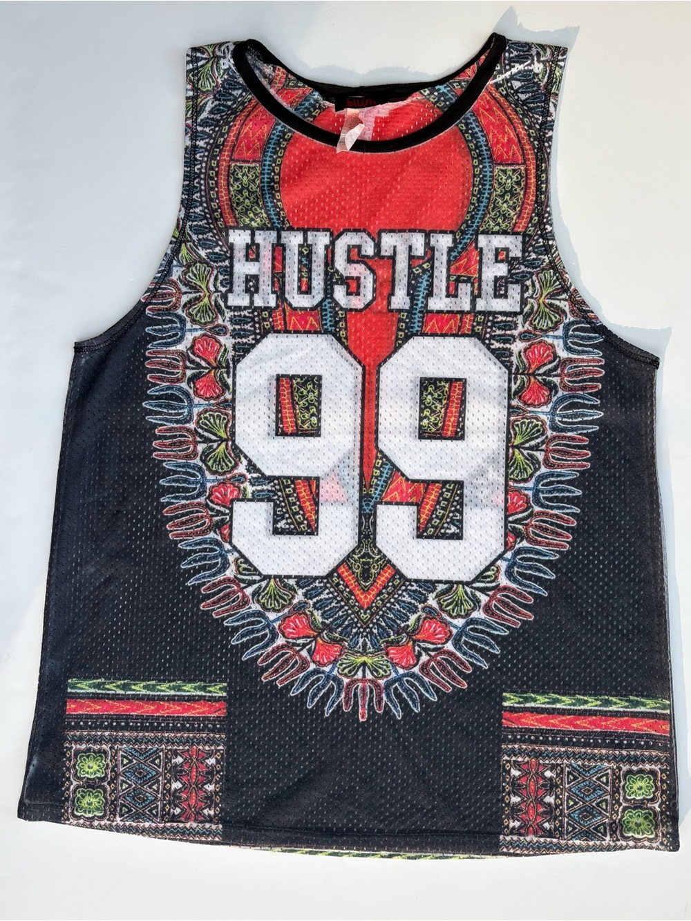 “Hustle 99” Mesh Men’s Tank w/Multicolor Dashiki Print Size Small Streetwear